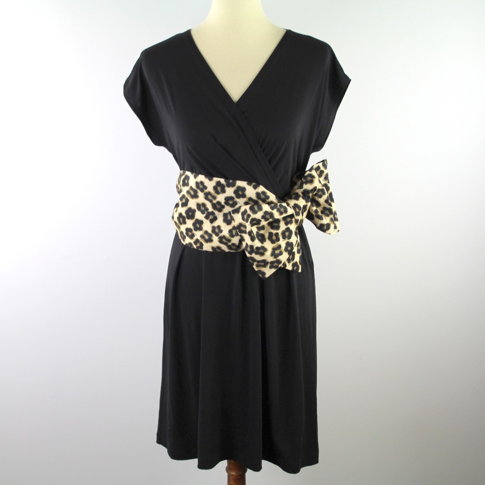 Red Valentino Black Slinky Viscose Mini Dress Leopard Print Bow Sash Waist S